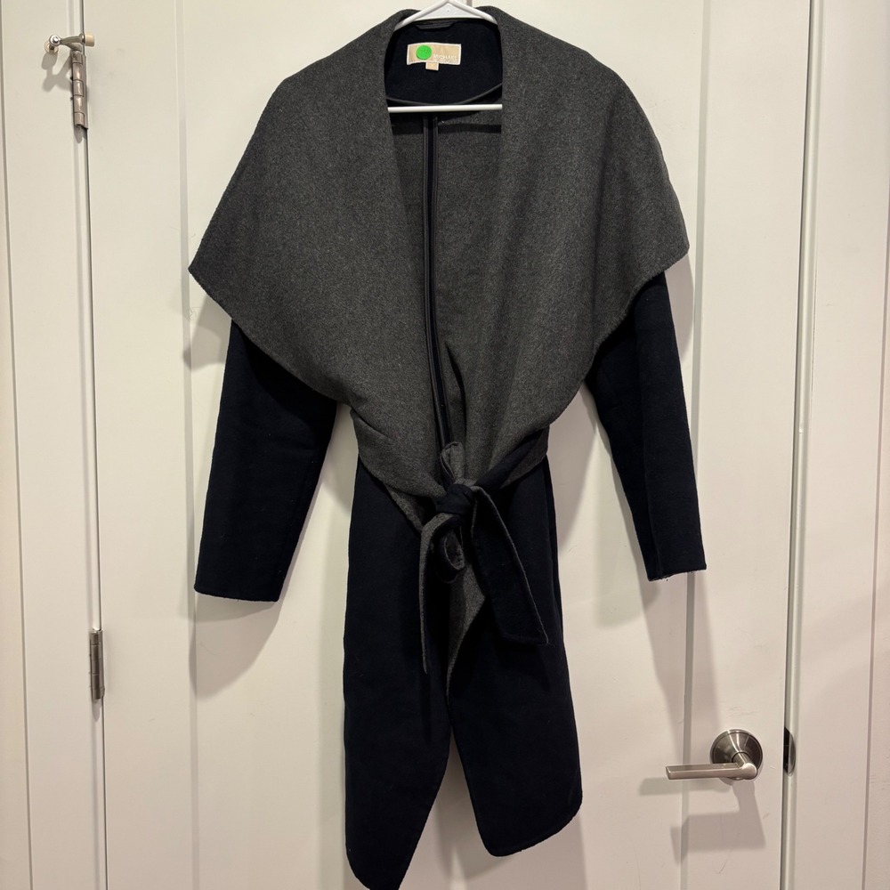 Michael Michael Kors Navy Grey Wool Blend Wrap Coat Shawl‎ Collar Belted Medium